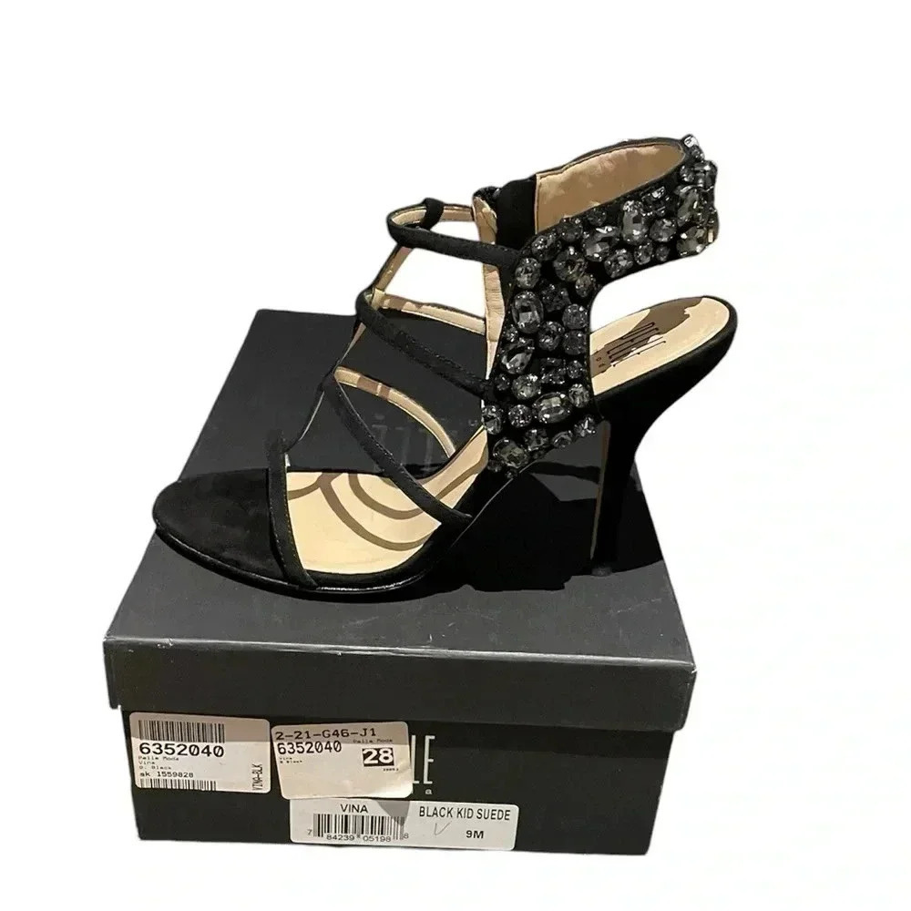 Pelle Moda Vina Womens Black Kid Suede Dress Sandals sz 9